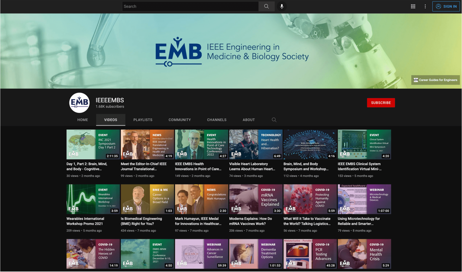 IEEE EMBS YouTube videos screengrab including YouTube banner