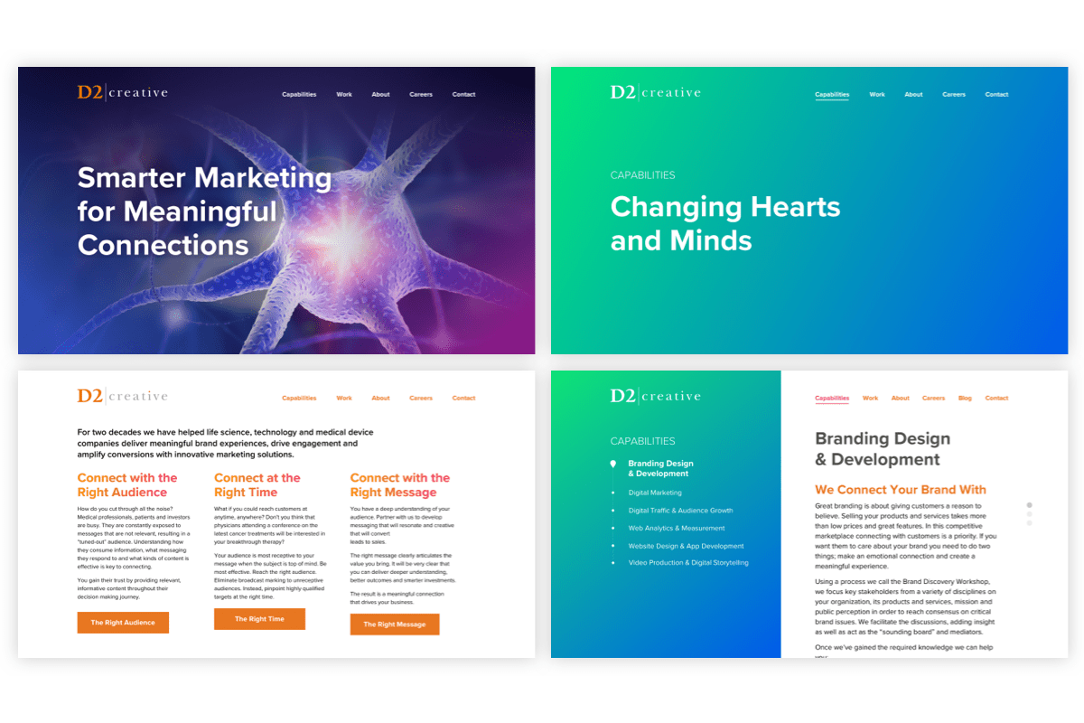 Screenshots of the hero and content sections of the D2 Creative home page and Capabilities page.