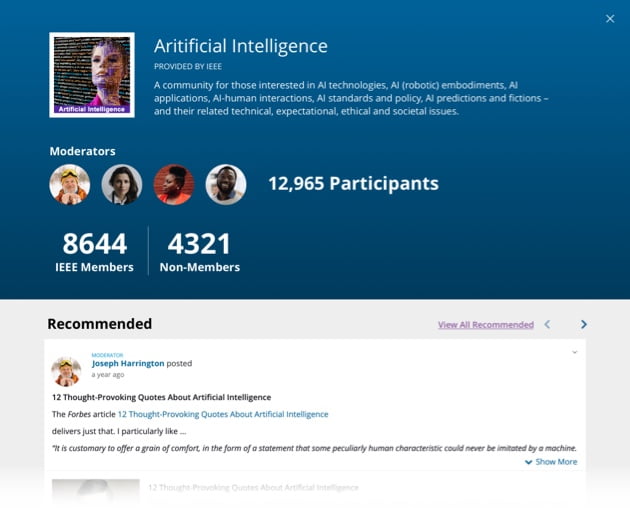 Screenshot of IEEE Collabratec UI of the Artificial Intelligence page