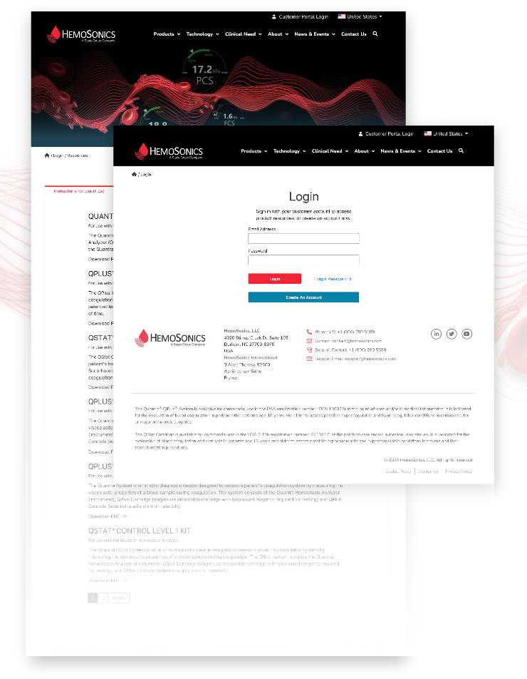 The HemoSonics customer portal login screen, providing secure access for client support and resources.