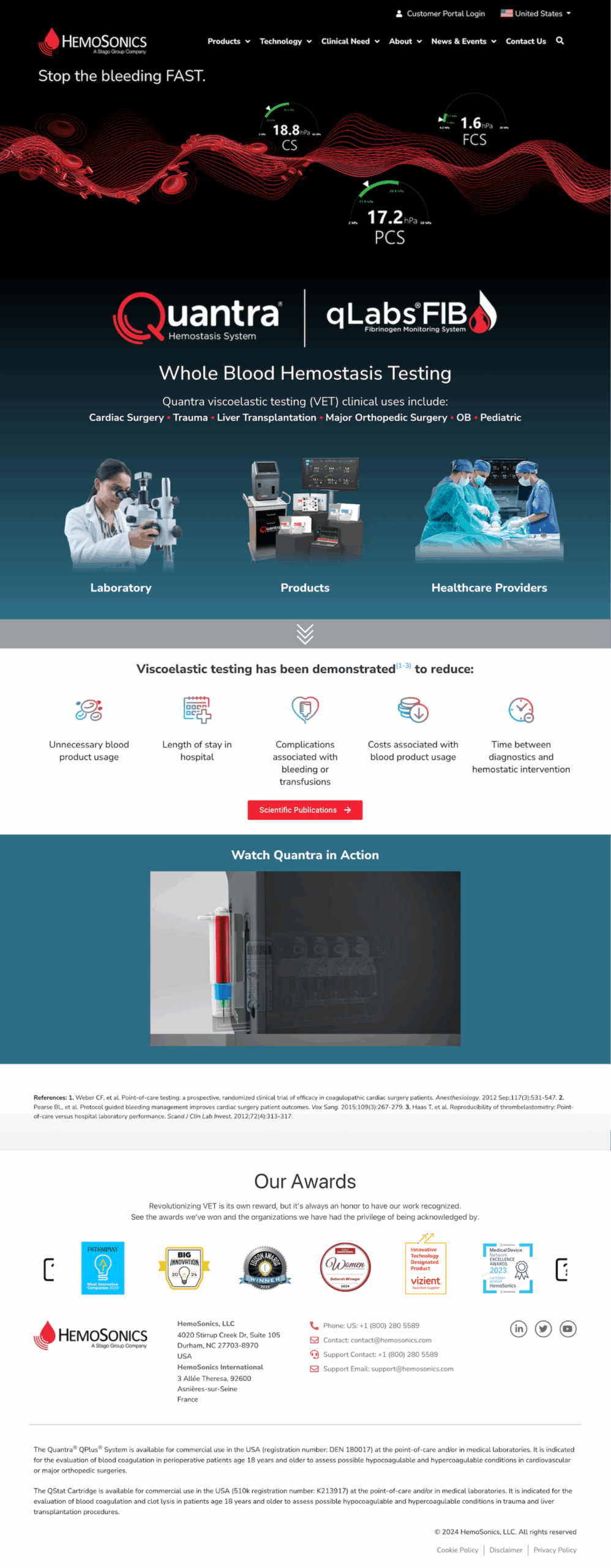 A scroll-through of the new HemoSonics landing page, showcasing the clean design and lead-generation features.
