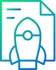 Icon of a document with a rocket ship illustration, symbolizing the powerful launch and boost of content across distribution channels.