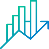 Upward bar chart with an arrow moving up.