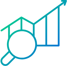 A bar graph with an upward-trending arrow above it, being examined by a magnifying glass, representing data analysis and performance growth tracking.