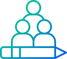 Icon of multiple person figures with a pencil below, representing customers and community creating content.