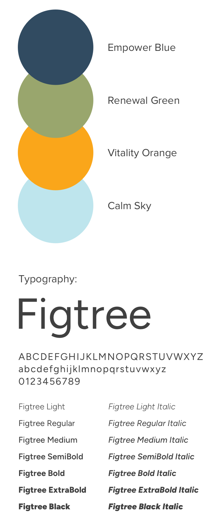 Brand guidelines displaying color palette and Figtree font weights and styles.