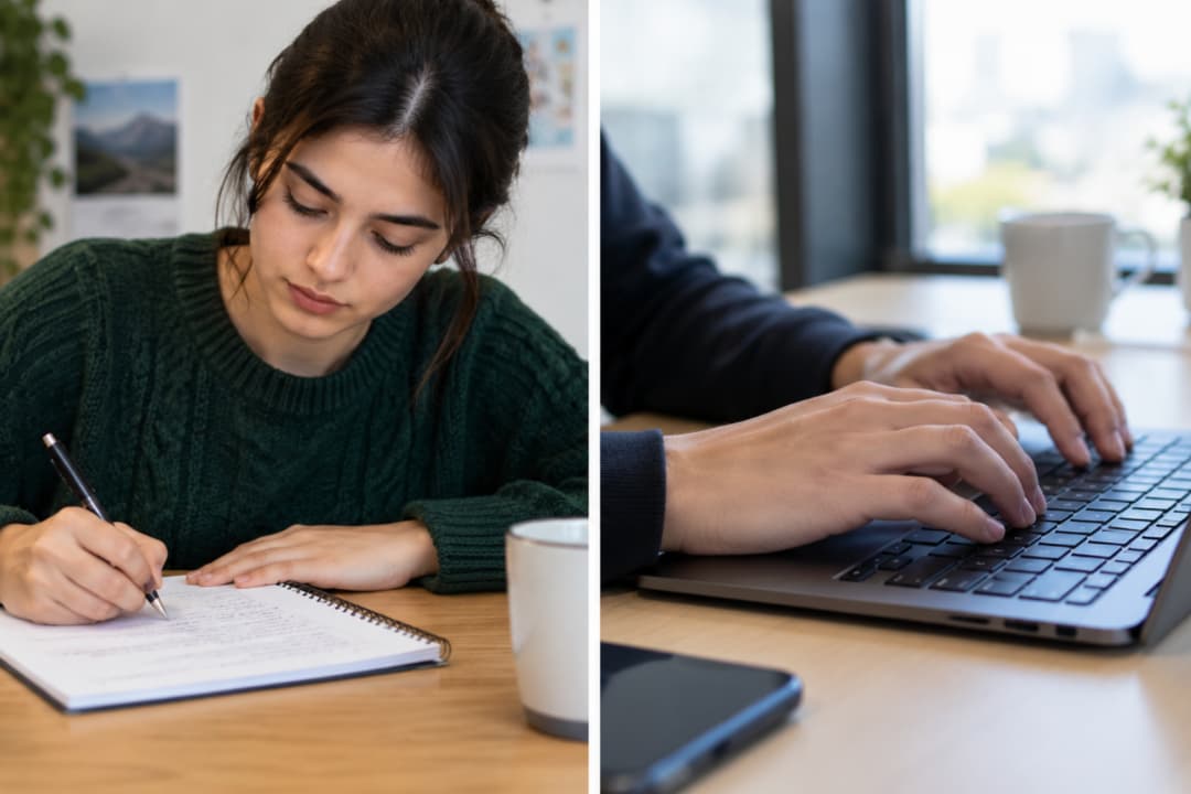 A split-screen image showing a woman writing in a notebook on the left and hands typing on a laptop keyboard on the right.